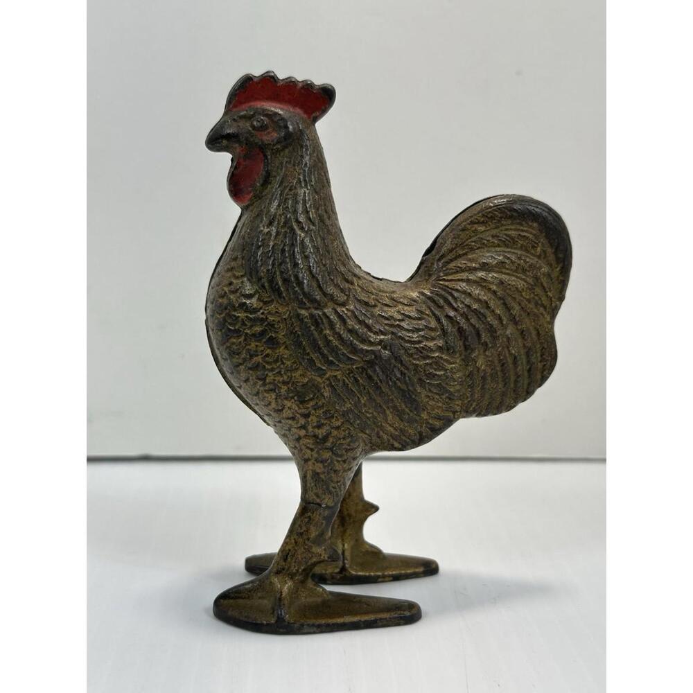 VTG‎ 1900’s  Cast Iron Rooster Chicken Still Penny Bank Gold 1 Leg Reattached